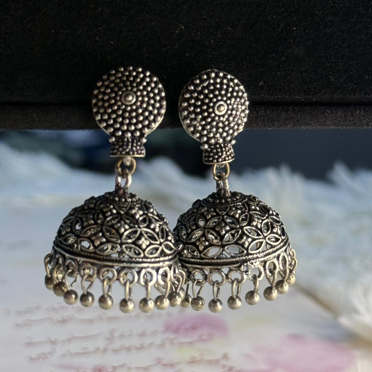 Silver Oxidized Studded Jhumka