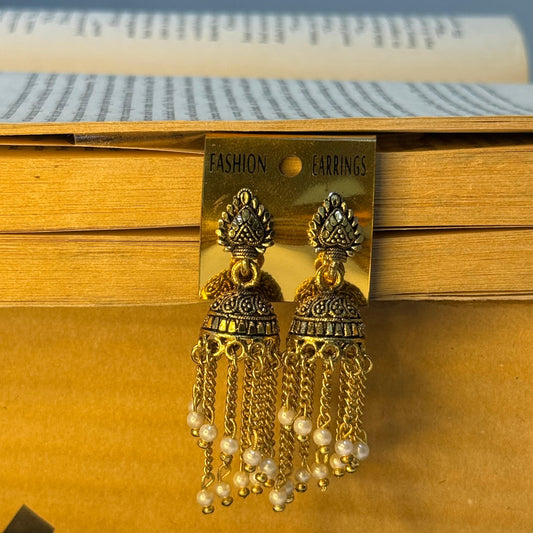 Golden Long Pearl Drop Jhumka