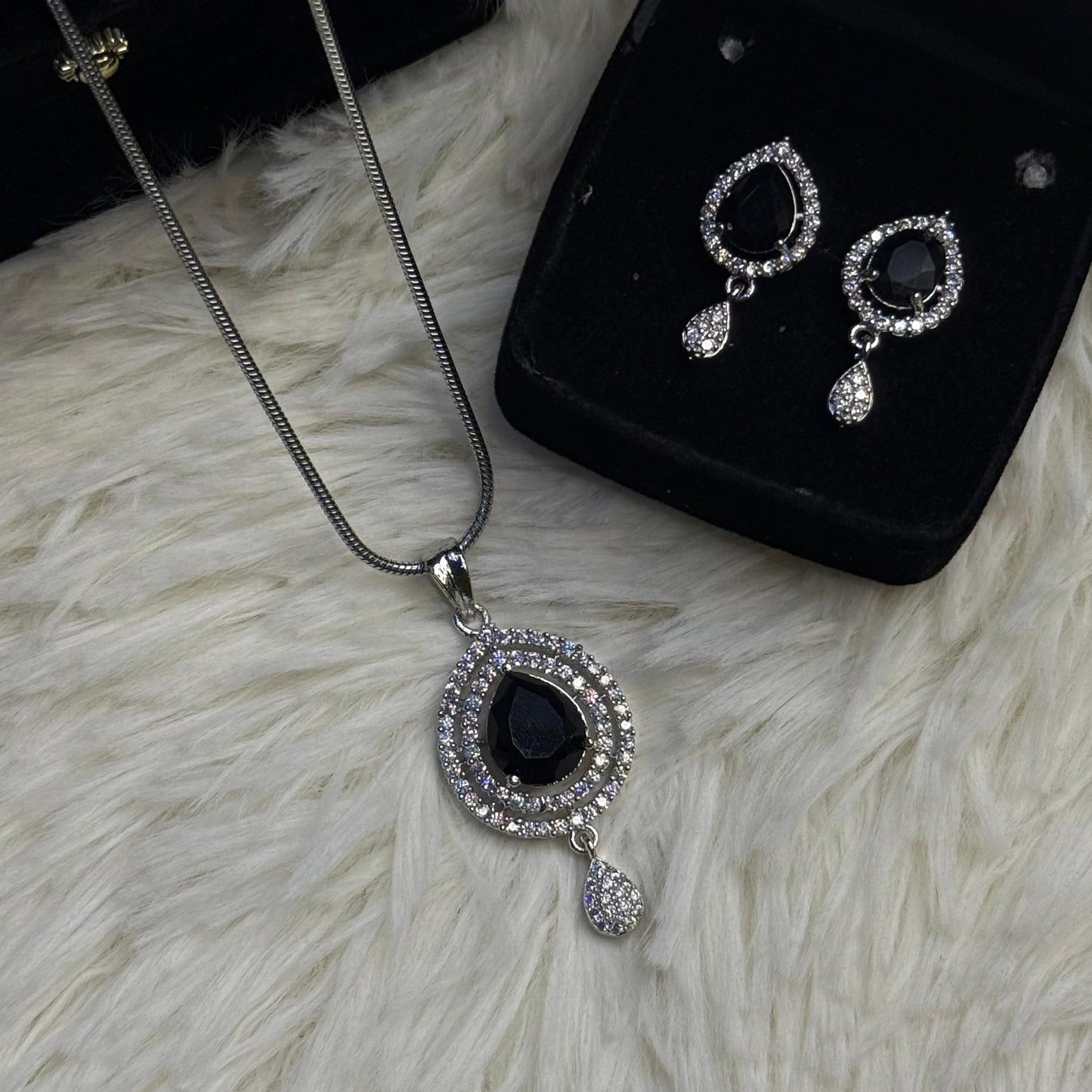 Elegant Silver Crystal Stone Teardrop Pendent Set