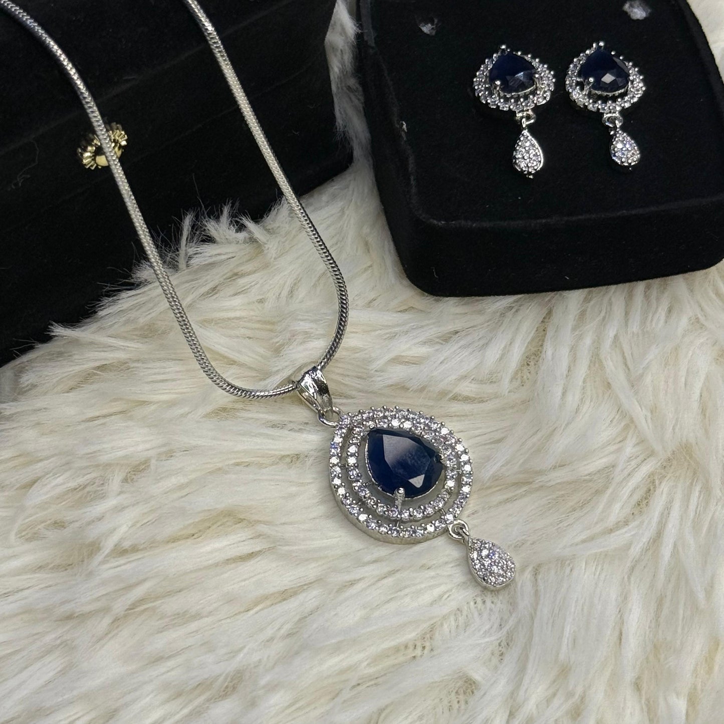 Elegant Silver Crystal Stone Teardrop Pendent Set