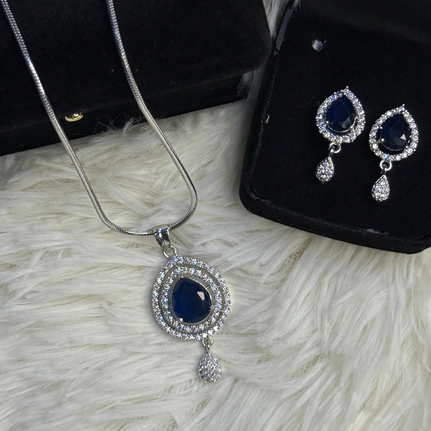 Elegant Silver Crystal Stone Teardrop Pendent Set