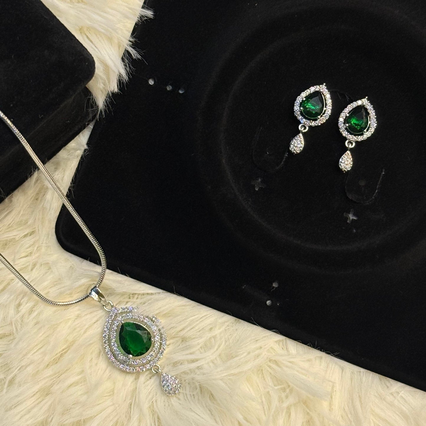 Elegant Silver Crystal Stone Teardrop Pendent Set