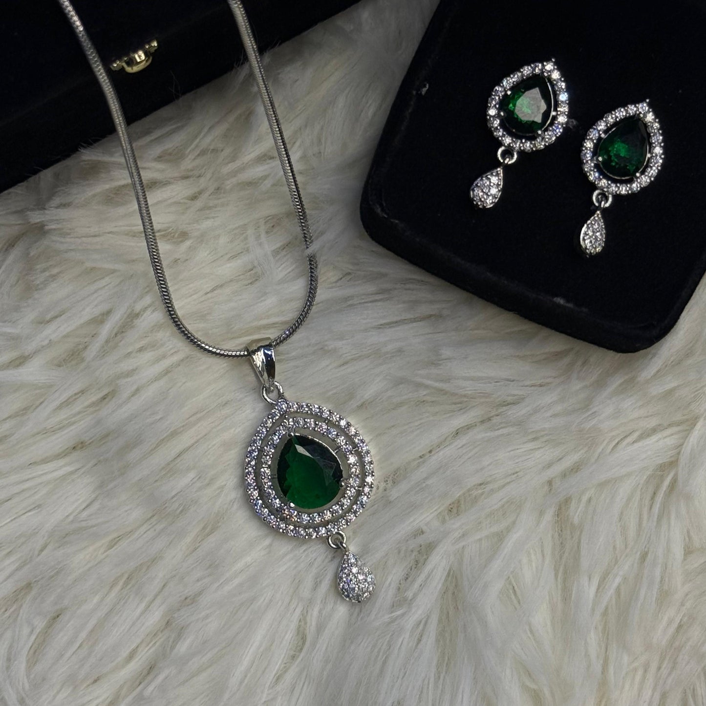 Elegant Silver Crystal Stone Teardrop Pendent Set